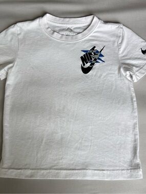 Nike White Short-Sleeve Tee with Black and Blue Logo